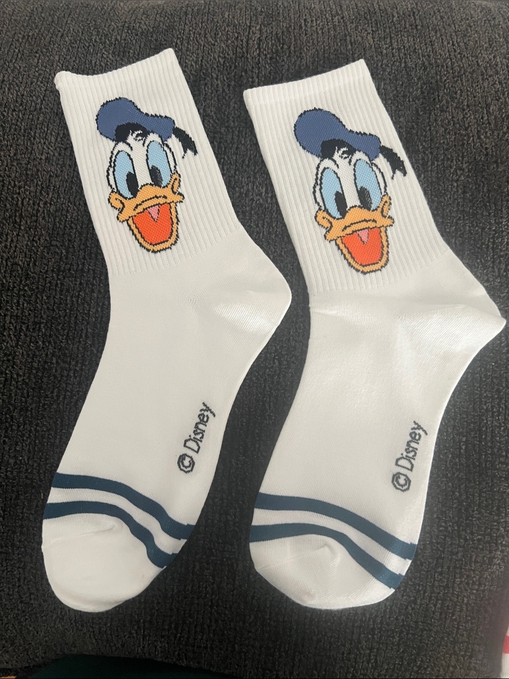 Disney White Crew Socks with Donald Duck Face and Blue Stripes
